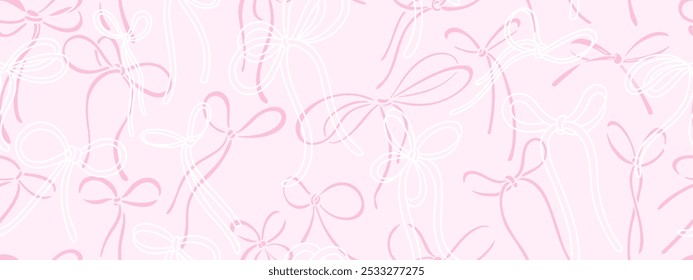 Lindos nudos de lazo de impresión sin costuras. Fondo romántico femenino. Cintas de Vector, lazos de seda para regalos, nudos de regalo y paquete de abrigo rosa para la decoración, textil de diseño de celebración, tela