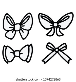 Cute bow line art cartoon vector illustration motif set. Hand drawn for gift wrapping ribbon. Pastel celebration graphics. Monochrome decorative web buttons.