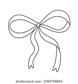 Cute bow with long ribbon. Black contour line outline hand drawn illustration. Simple minimalist black and white vector element isolated on white background