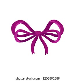 Cute bow made of thin bright purple satin ribbon. Beautiful decor for gift box. Flat vector element for postcard or promo flyer