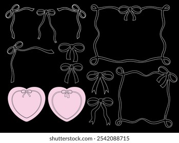 Cute bow or ribbon outlines for frame decoration, girly stuff, sticker, icon, ad template, wedding card, Valentine, fashion, accessory, patch, brooch, kid colouring book, art, painting, background