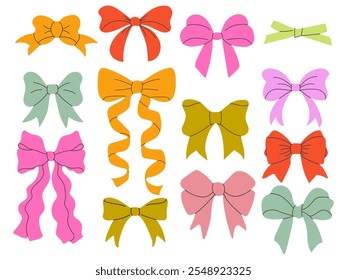 Nettes Bugset. Trendy verschiedene Bögen, Geschenkbänder. Bowknots in handgezeichneten flachen Stilen. Haarzubehör. Für Geschenkverpackung
