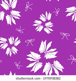 Cute bowknots violet holiday seamless pattern. Pretty flat bows abstract endless texture for fabric, print, cosmetics, package, stationery, wrapping paper, background. Cheerful festive doodle design.