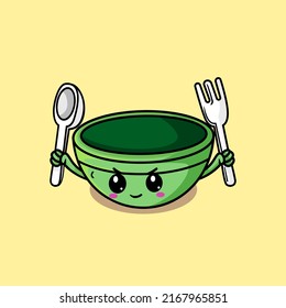 Cute bowl cartoon holding spoon and fork vector illustration