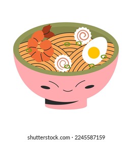Cute bowl with face with traditional japanese food ramen with egg shrimp narutomaki. Vector stock illustration isolated on white background. Flat style