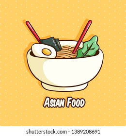Cute bowl of noodles with chopsticks -  Japanese ramen bowl, chinese food, asian food or noodles on yellow background