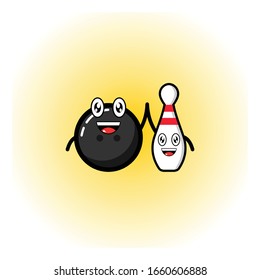 Cute Bowling Cartoon Character Vector Illustration. Outline, Modern, And Funny Art. Perferct For Bowling Club, Supporter, And Other.