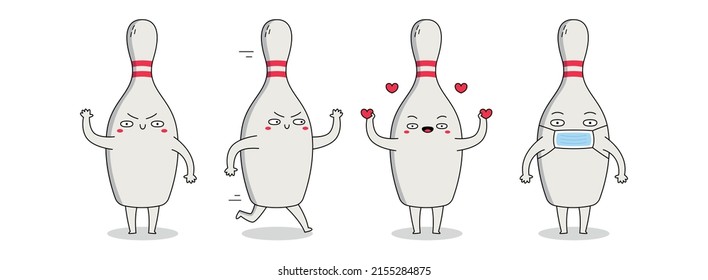 Cute bowling pin cartoon character set 1 of bowling pin waving hand, running, spreading love and wearing a mask