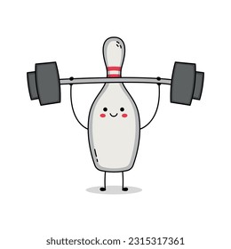 Cute bowling pin cartoon character mascot lifting weight