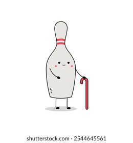 Cute bowling pin cartoon character using a cane doodle