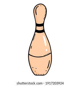 Cute bowling pin in cartoon doodle style with outline. Doodle vector illustration. Bowling pin isolated on white background.