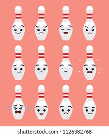 Cute Bowling Pin Cartoon Emotion faces Vector Illustration