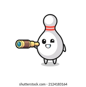 süße Bowlingstiftfigur hält ein altes Teleskop, süßes Design für T-Shirt, Aufkleber, Logo-Element