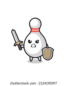 cute bowling pin soldier fighting with sword and shield , cute style design for t shirt, sticker, logo element