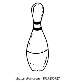 Cute bowling pin without color in cartoon doodle style with outline. Doodle vector illustration. Bowling pin isolated on white background.