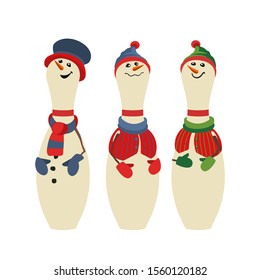 Cute bowling pins flat color vector icon set. Comic pin in smowman costume cartoon. Winter season holiday bowling parties design element. Christmas New year event celebration background illustration