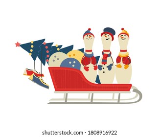 Cute bowling pins in sleigh flat vector icon. Comic pin in smowman costume cartoon. Winter season holiday bowling parties design element. Christmas New year event celebration background illustration