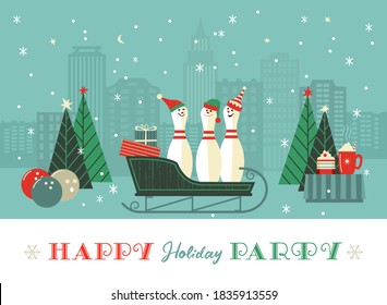 Cute bowling pins in sleigh flat vector poster. Comic pin in elf hat cartoon. Winter season holiday bowling parties design element. Christmas bowl New year event celebration background illustration