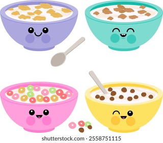 Cute bowls of breakfast cereal. Cereal breakfast bowl set characters, cornflakes with milk, chocolate. Vector illustration