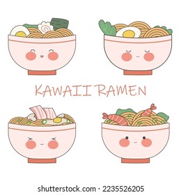 Cute bowls of ramen. Plates with different emotions. Traditional Japanese noodle. Asian food. Kawaii stock vector illustration.