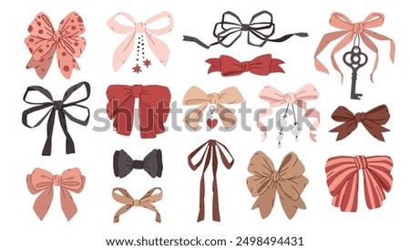 cute bows design set. various gift ribbons. bowknot with jewels. hair accessories. bow knots for gift wrapping. flat vector hand drawn illustrations