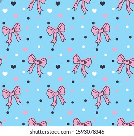 Cute bows love pattern with dot on blue, Simple vector repeating texture. background for textile, print and other uses.