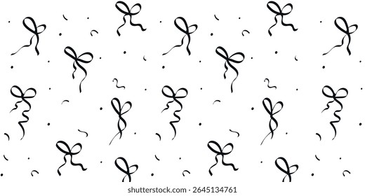 Cute Bows Pattern, Background with Hand Drawn Bows, Vintage, Black, Vector