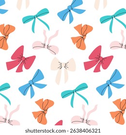Cute bows, seamless pattern. Flat vector illustrations. Hand drawn ribbon decoration. Silk bow. Hair accessory. Bows for gift wrapping