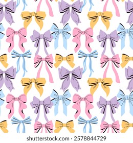 Cute bows seamless pattern in pastel colors. Hand drawn cartoon bows for  for gift boxes, wrapping paper, packaging, wallpaper.