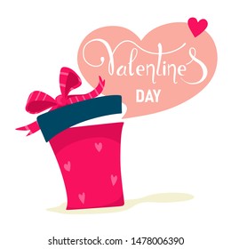 Cute box with a gift for Valentine's Day. Handwritten text, calligraphy. Vector illustration on a white background.