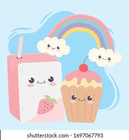 cute box juice and cupcake rainbow kawaii cartoon character vector illustration