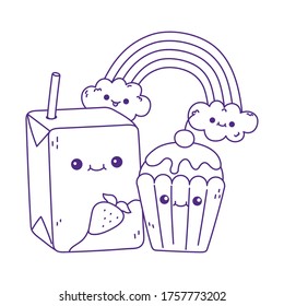cute box juice and cupcake rainbow kawaii cartoon character vector illustration