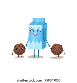 Cute box of milk and cookies characters are best friends, healthy kids menu vector Illustration