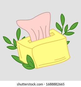 Cute box of tissues decorated with branches, leaves. Hygienic, cosmetic, sanitary, wipe, towel. Vector isolated graphic design element and illustration.