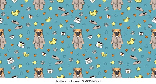 Cute boxer dog in bathrobe seamless pattern on blue