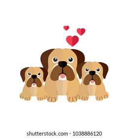 Cute Boxer dog family with hearts. Cartoon style.