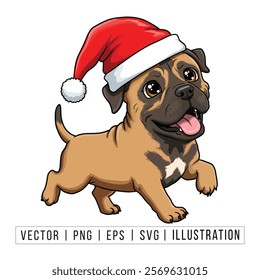 Cute Boxer Puppy in Santa Hat - Christmas Cartoon Vector Illustration