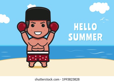 Cute boxer with a summer greeting banner cartoon vector icon illustration. Design isolated on blue. Flat cartoon style.