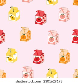 Cute boxes of juice seamless pattern. Drinking package of apple, orange, lemon and peach favours. Summer food illustration. 
