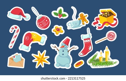 Día de boxeo, Navidad, stickers de Año Nuevo, paquete de imanes. Colección moderna de objetos con contorno blanco. Sombrero de Santa, snowman, bauble, velas, holly, dulces, galletas, relleno de regalos, etc.