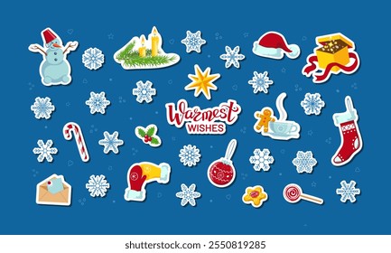 Cute Boxing day, Xmas, New Year stickers, magnets or pins. Santa hat, snowman, snowflakes, gift, etc