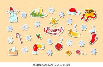 Cute Boxing day, Xmas, New Year stickers, magnets or pins. Santa hat, giftbox, stocking snowflakes