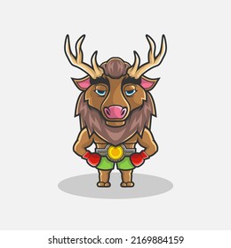 Cute boxing elk deer character illustration. Simple animal vector design. Isolated with soft background.