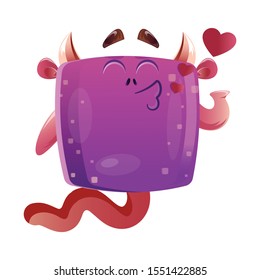 Cute Boxy Purple Monster/creature Giving Flying Kisses. Vector Illustration Isolated On White Background 