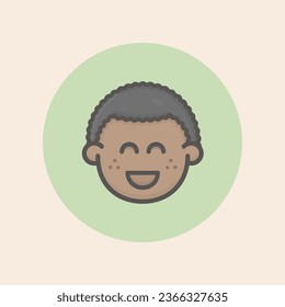 Cute boy afro face avatar with curly black hair, freckles, smiling open mouth, delighted mood, and circular green background filled iconic vector line art.