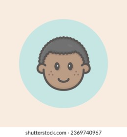 Cute boy afro face avatar with curly black hair, freckles, glad mouth, happy mood and circular blue background filled iconic vector line art