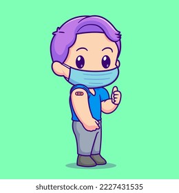 Cute Boy After Vaccine Cartoon Vector Icon Illustration. People Health Icon Concept Isolated Premium Vector. Flat Cartoon Style