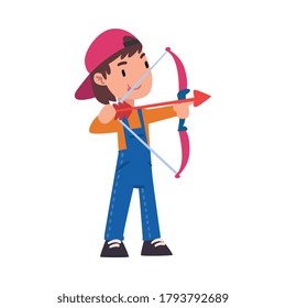 Cute Boy Aiming with Bow and Arrow, Adorable Kid Playing with Favorite Toy Cartoon Vector Illustration on White Background