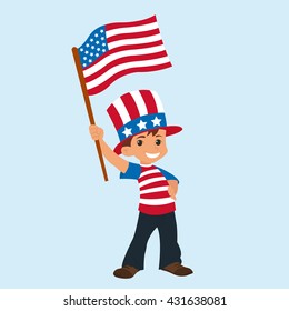 cute boy with an American flag. Happy Independence Day. vector