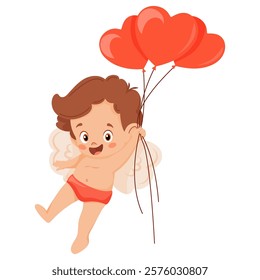 Cute Boy Angel Flying with Heart-shaped Balloons Vector Illustration. Isolated Cartoon Cupid.